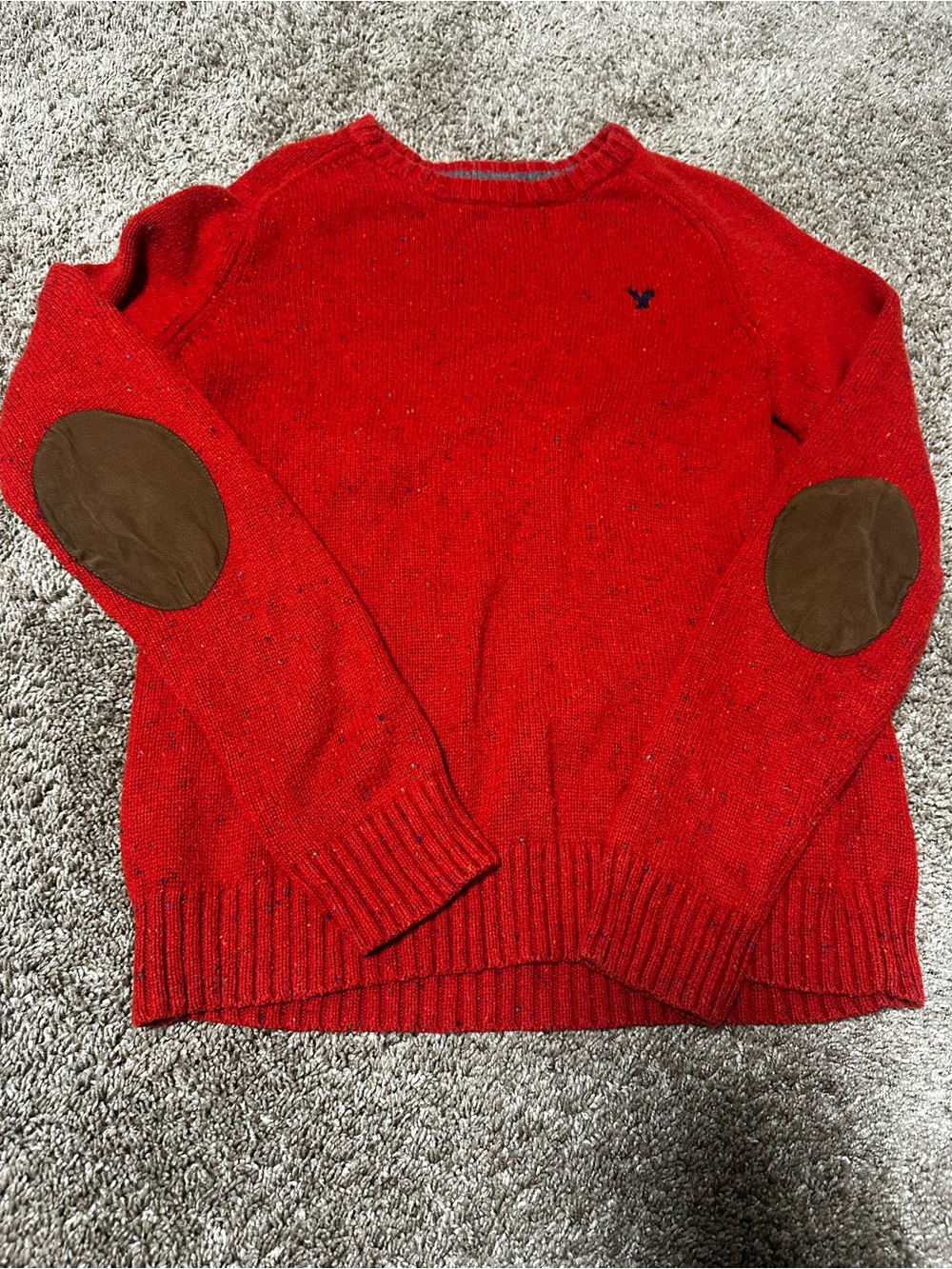 American Eagle Outfitters Red Crewneck Sweater with Brown Elbow Patches